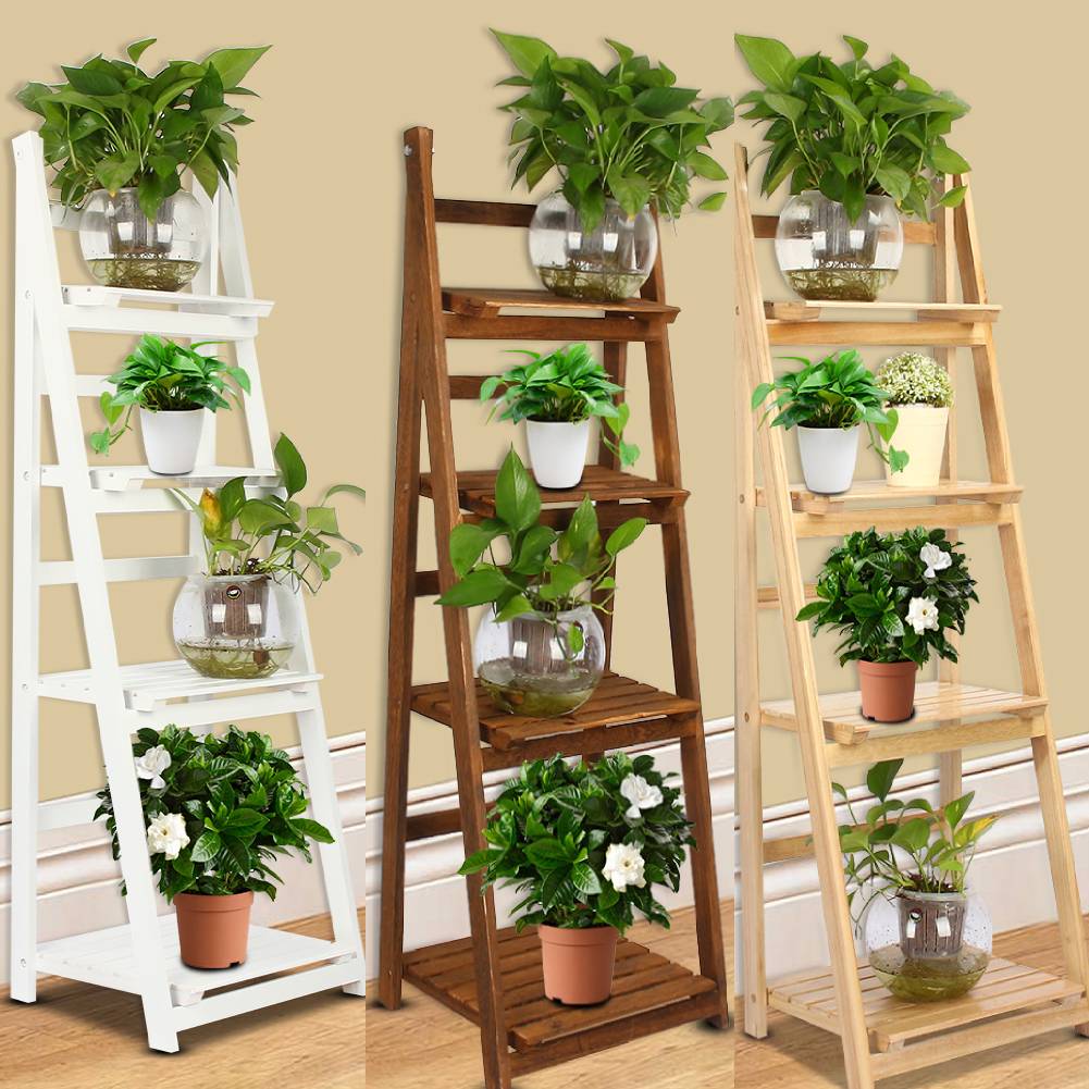 4-Tier Wooden Ladder Shelf - Folding Book & Plant Stand Wooden Ladder For living room