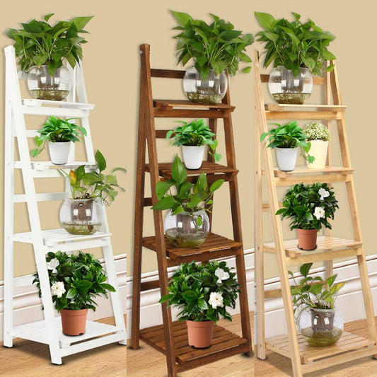 4-Tier Wooden Ladder Shelf - Folding Book & Plant Stand Wooden Ladder For living room