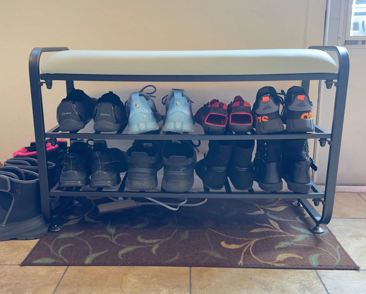 3-Tier Metal Shoe Organizer with Cushion,Modern Shoe Rack Bench,upholstered Shoe Storage Bench for entryway Hallway Front Door