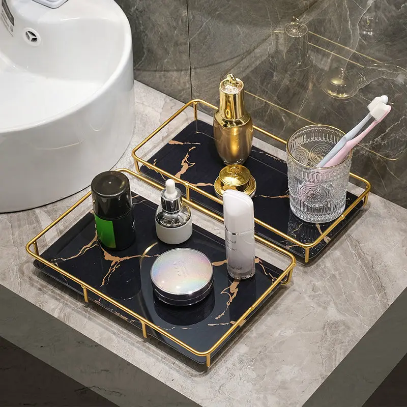 Modern Metal Frame Imitation Marble Glass Bottom Plate Storage