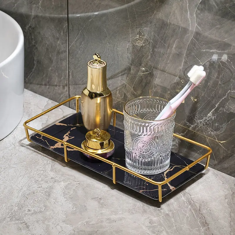 Modern Metal Frame Imitation Marble Glass Bottom Plate Storage