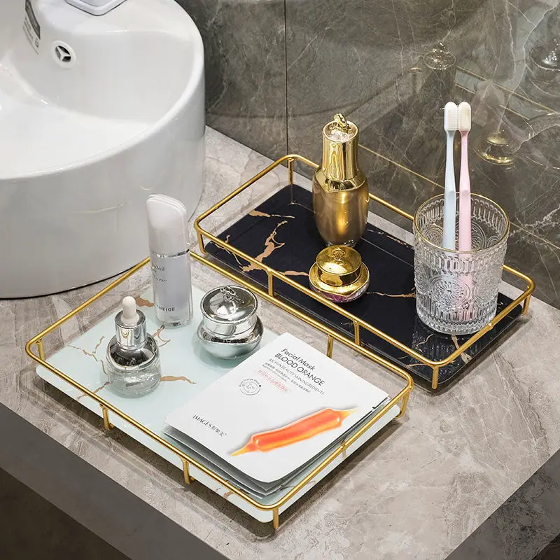 Modern Metal Frame Imitation Marble Glass Bottom Plate Storage
