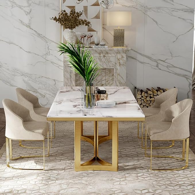 Dining Table for 6 person , for Kitchen & Dining Room, Luxury White Marble texture sheet Table Top with Gold metal frame(Dining Table Only)