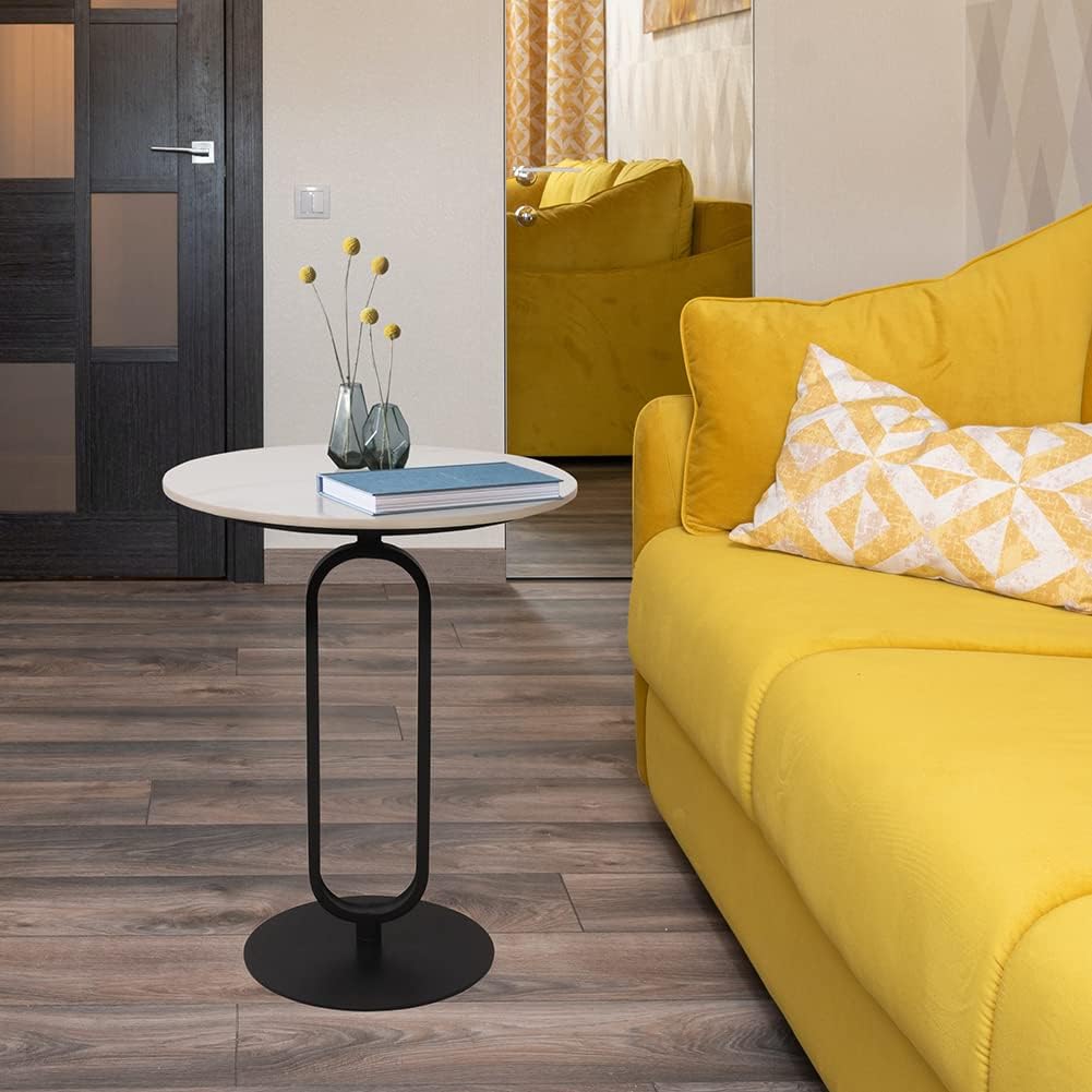 Side Table with Marble Texture Top Metal Round Table Modern Sofa Side End Table Side Desk for Couch Living Room Bedroom