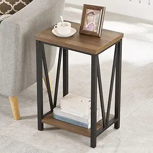 "Modern Edge V-Frame Narrow Side Table with Dark Wood Finish – Compact End Table with Geometric Metal Design and 2-Tier Open Storage – Perfect for Living Room, Bedroom, or Entryway Décor – Sleek,
