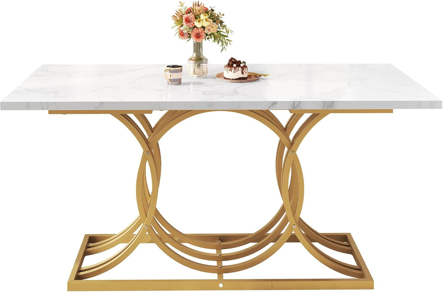 Dining Room Table for 4-6 People Modern Rectangle Kitchen Table with White Marble texture Table top and Gold Leg for Home Dining Room Kitchen Apartment (Dining table only)