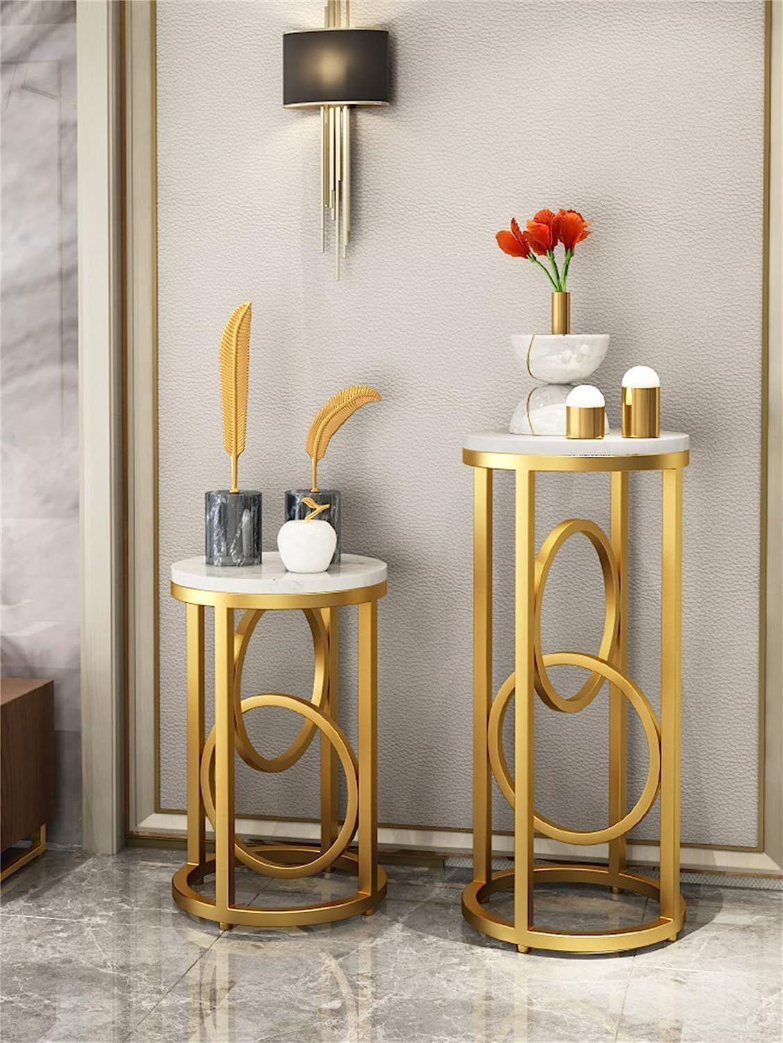 2 Pieces HandiCrafts Round Marble Bedside Table