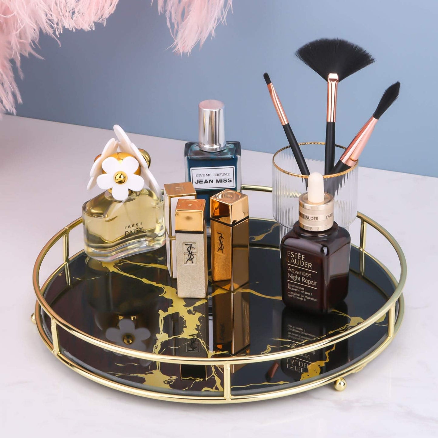 Makeup Organizer Tray Decorative Glass Round Cosmetic