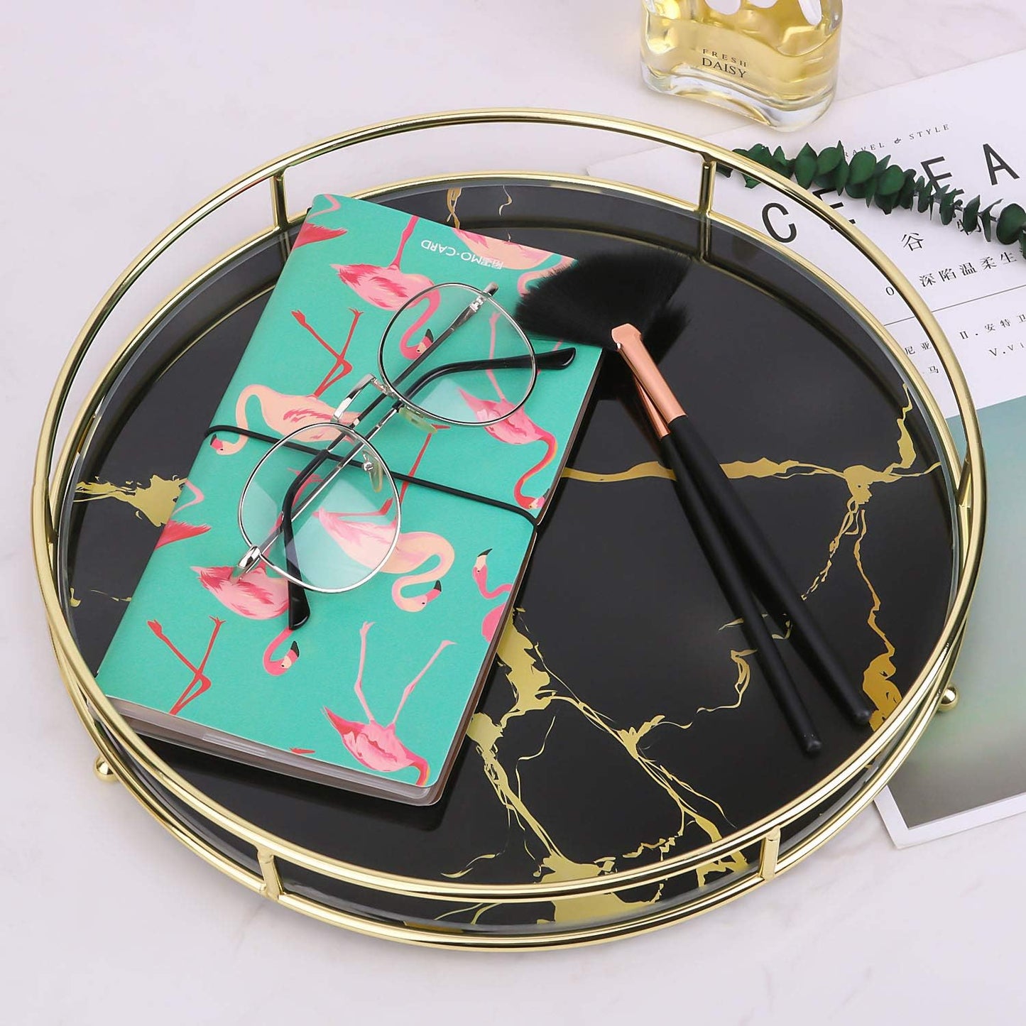 Makeup Organizer Tray Decorative Glass Round Cosmetic