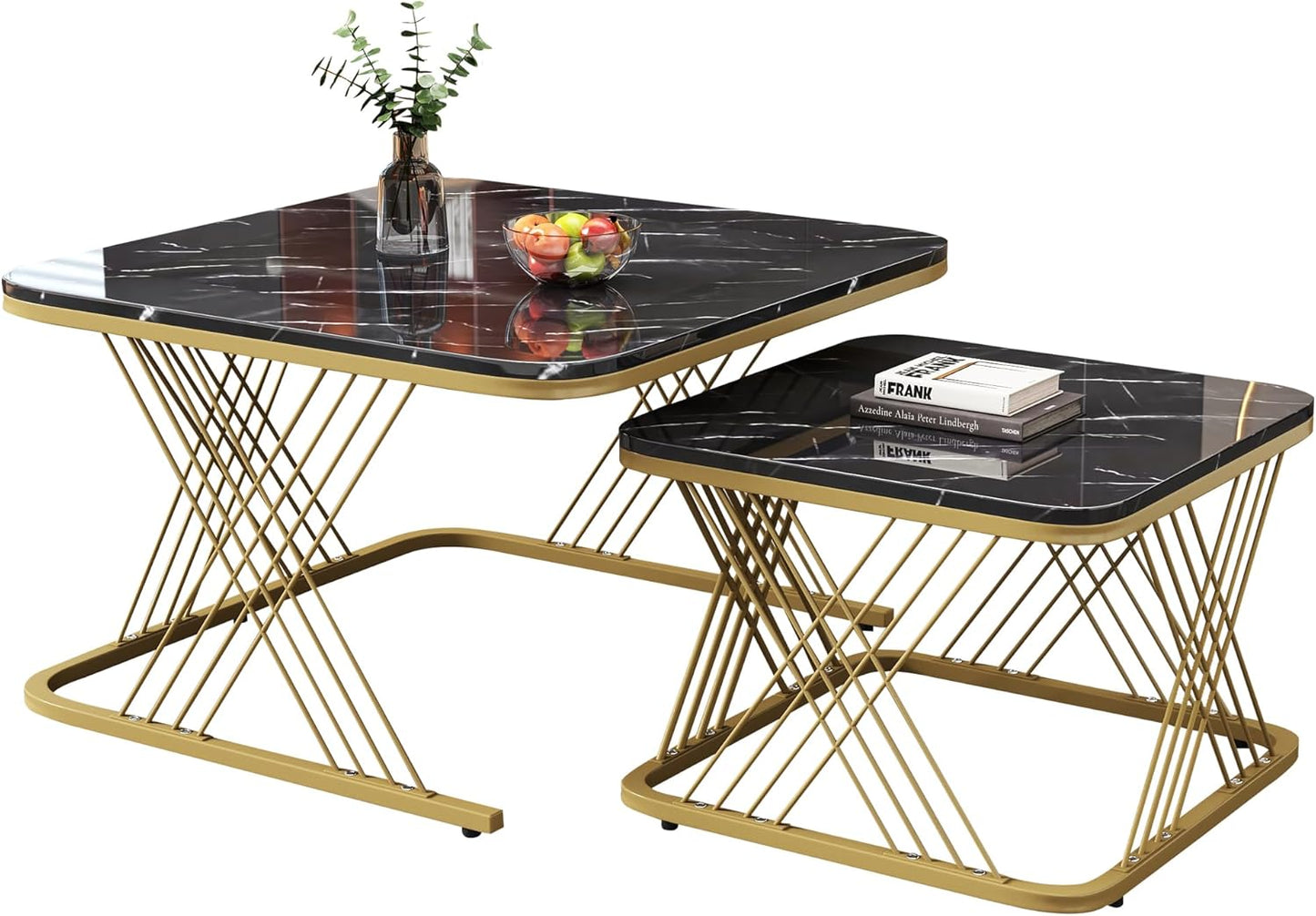 Modern Nest of 2 Square Coffee Table with Gold Metal Frame Legs and Marble Pattern Black Top for Living Room Home