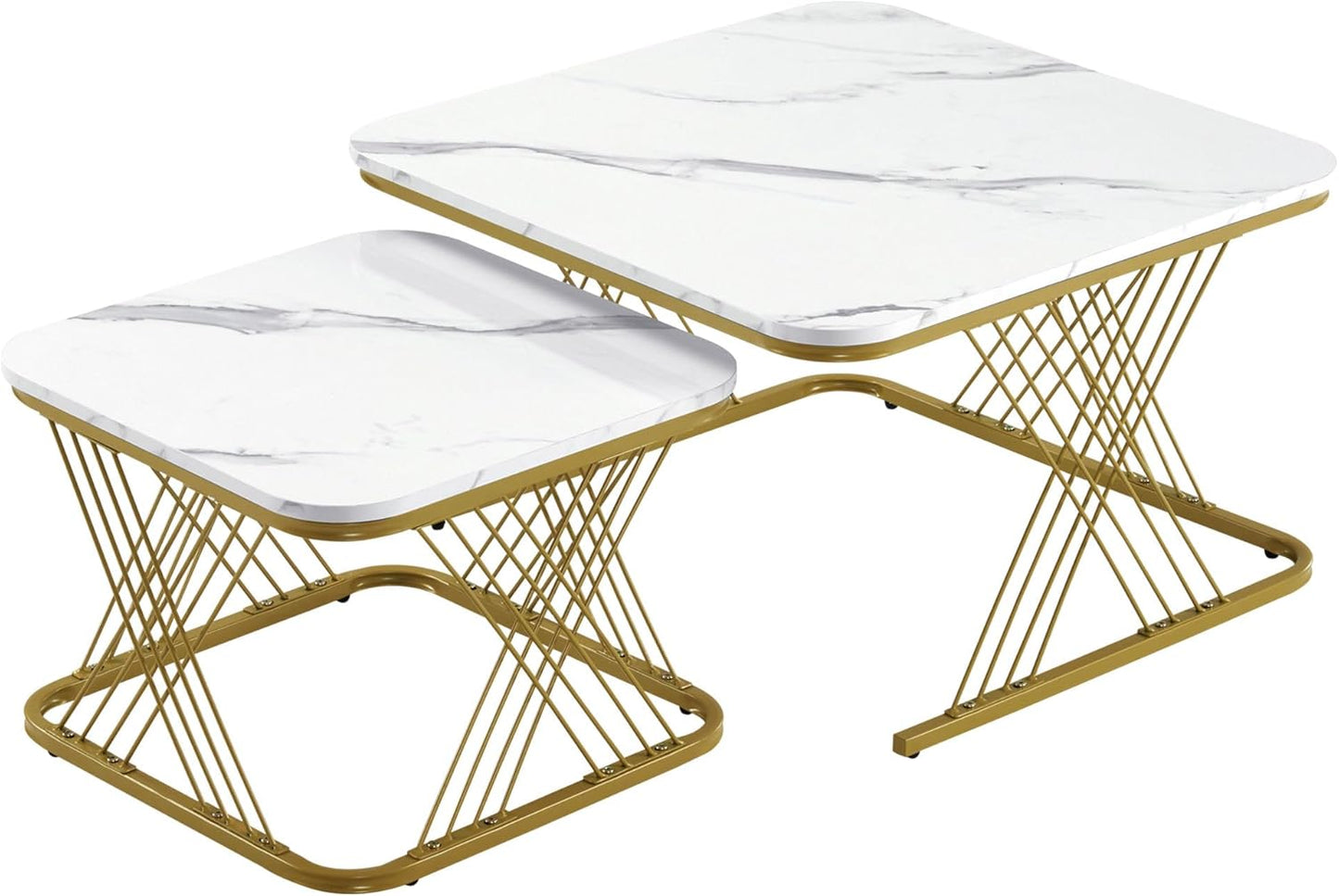 Modern Nest of 2 Square Coffee Table with Gold Metal Frame Legs and Marble Pattern Black Top for Living Room Home