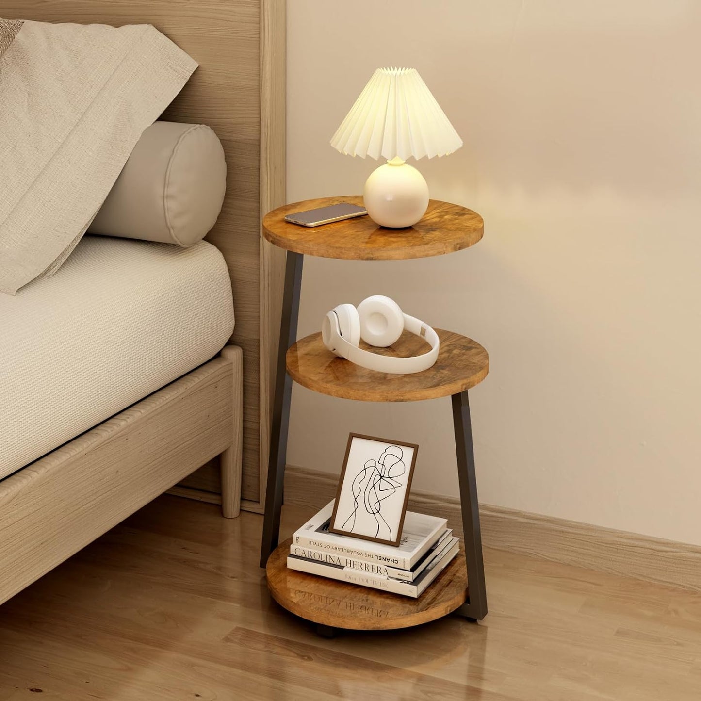3-Tier Round Side Table - End Table for Living Room Shelves