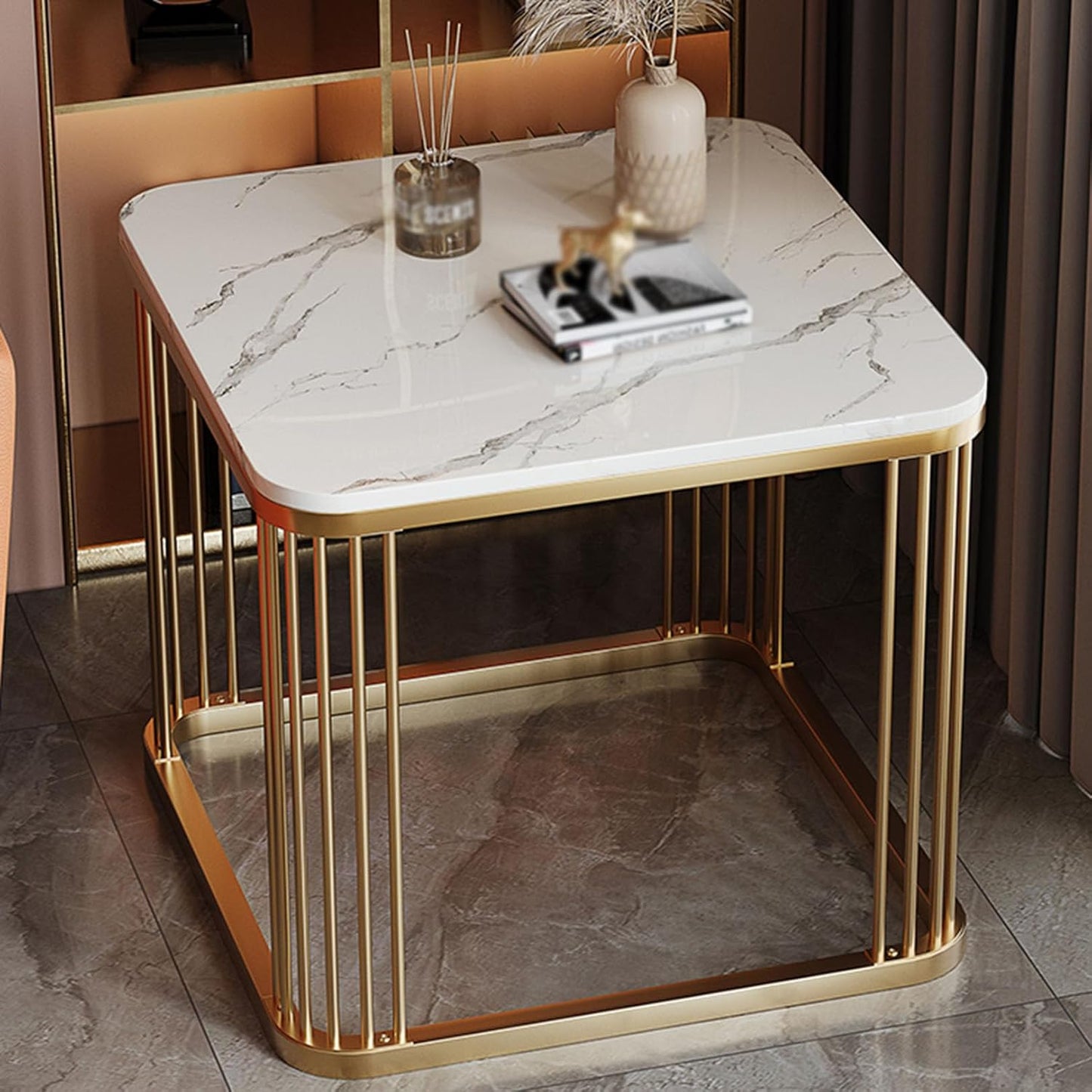 Coffee Table with marble texture sheet Metal Frame for Living & Bedroom Balcony Small Spaces
