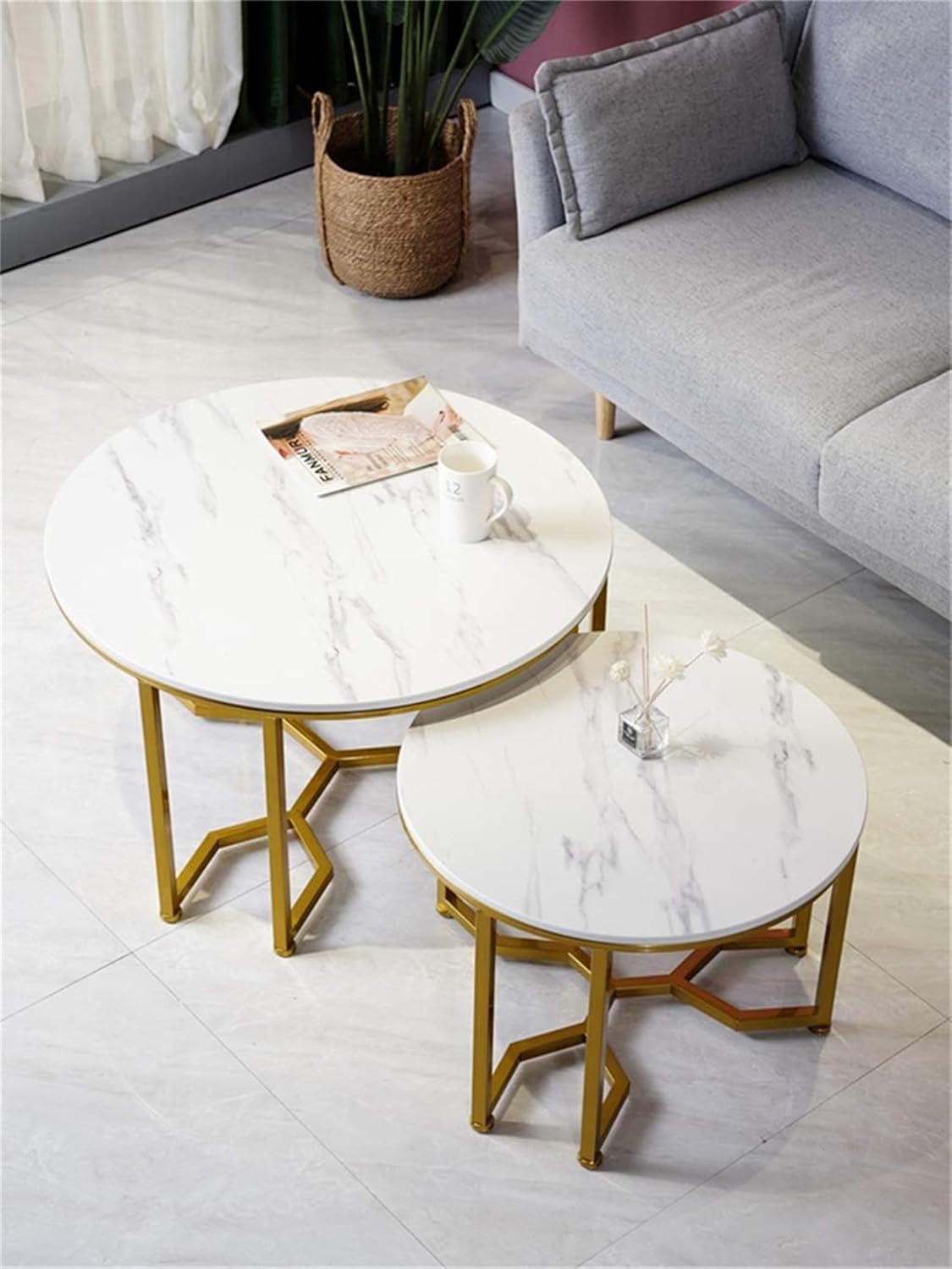2-Piece Living Room center Table with White wooden Marble texture sheet Top and Metal Base