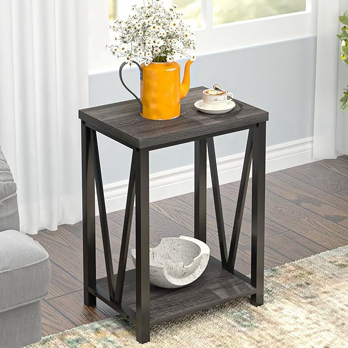 "Modern Edge V-Frame Narrow Side Table with Dark Wood Finish – Compact End Table with Geometric Metal Design and 2-Tier Open Storage – Perfect for Living Room, Bedroom, or Entryway Décor – Sleek,