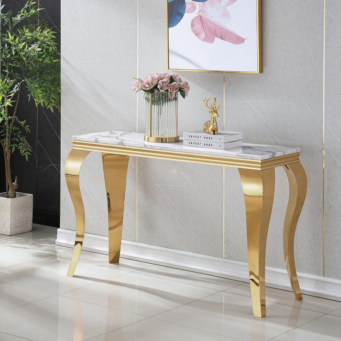 Victoria Console Table – Gold Frame & Wooden Marble Texture Top