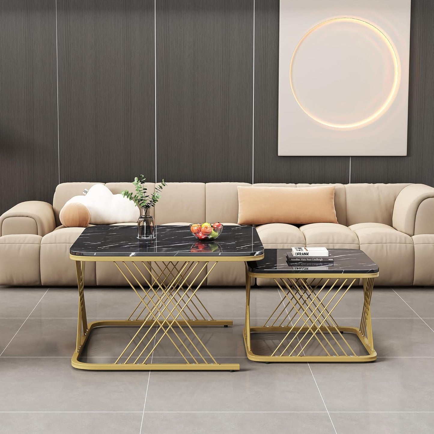 Modern Nest of 2 Square Coffee Table with Gold Metal Frame Legs and Marble Pattern Black Top for Living Room Home