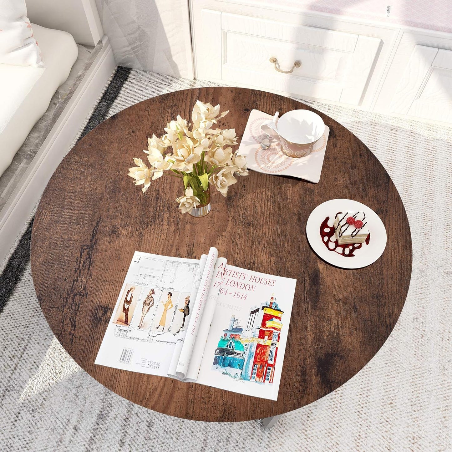 30 in Faux Marble Modern Round white Accent Side Coffee Table