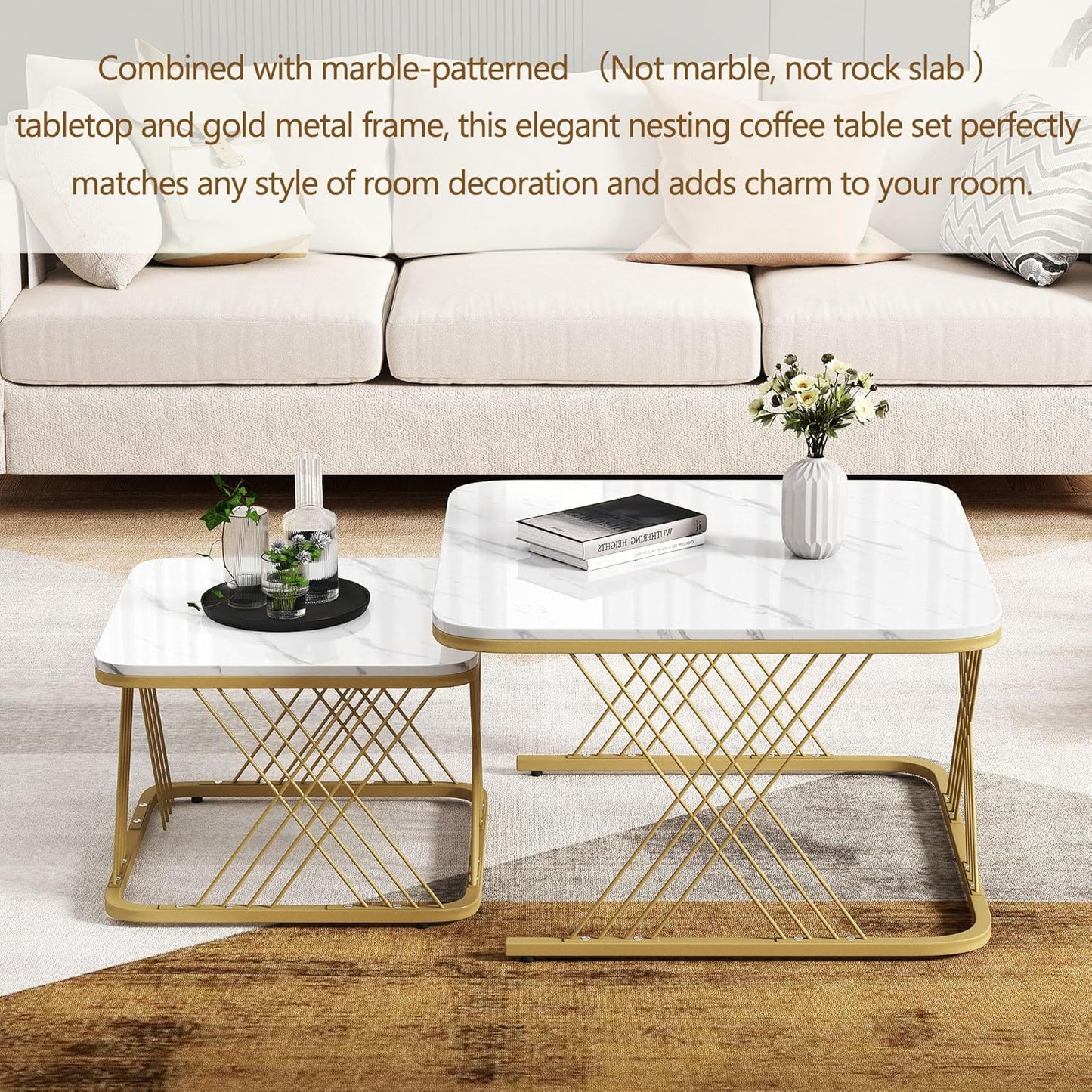 Modern Nest of 2 Square Coffee Table with Gold Metal Frame Legs and Marble Pattern Black Top for Living Room Home