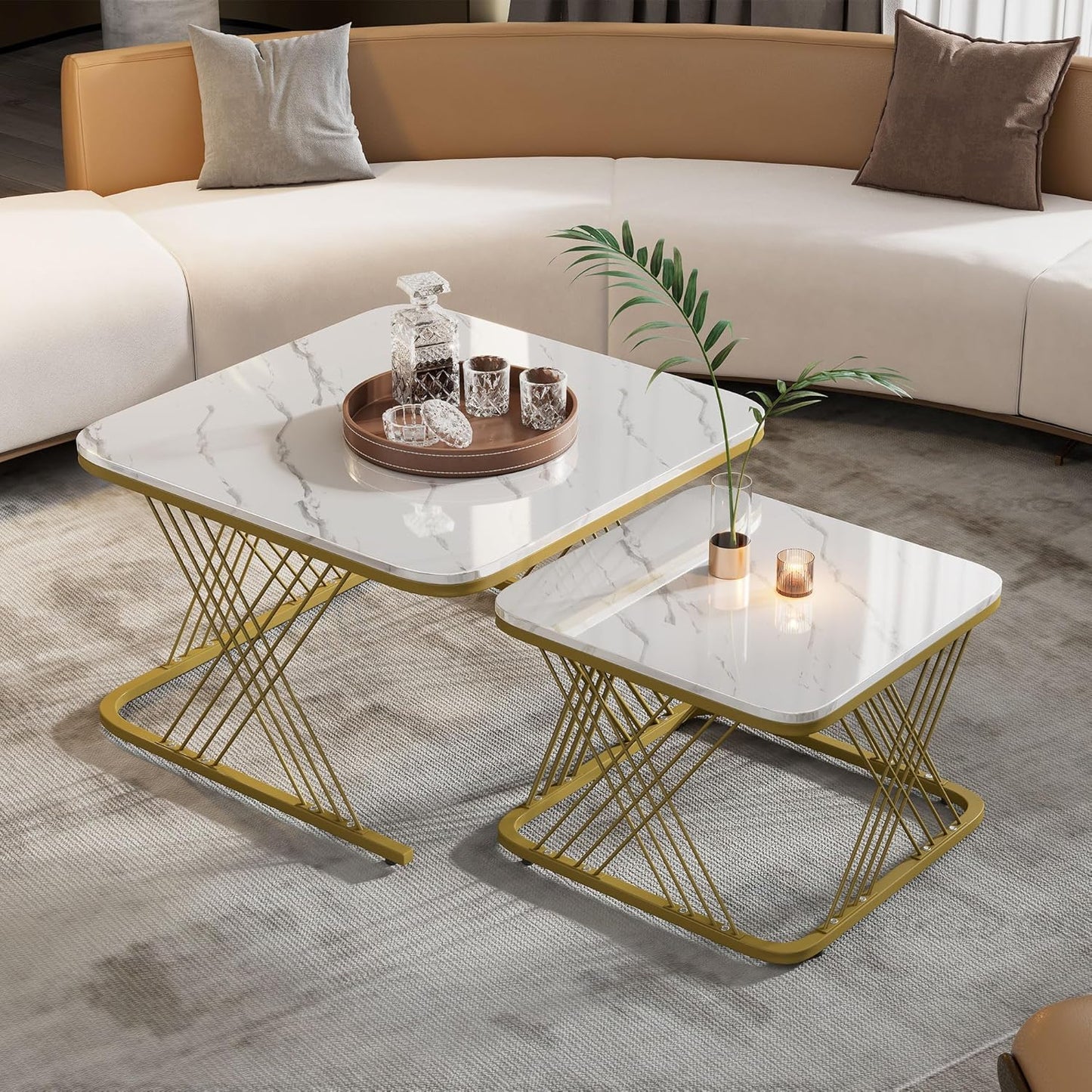 Modern Nest of 2 Square Coffee Table with Gold Metal Frame Legs and Marble Pattern Black Top for Living Room Home