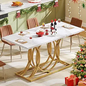 Dining Room Table for 4-6 People Modern Rectangle Kitchen Table with White Marble texture Table top and Gold Leg for Home Dining Room Kitchen Apartment (Dining table only)