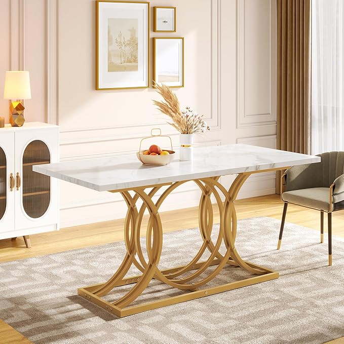 Dining Room Table for 4-6 People Modern Rectangle Kitchen Table with White Marble texture Table top and Gold Leg for Home Dining Room Kitchen Apartment (Dining table only)