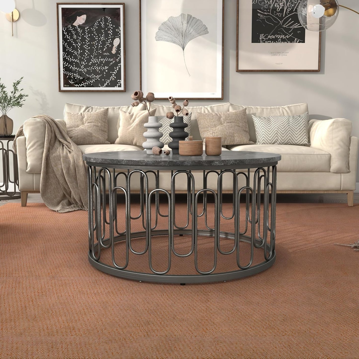 Modern Round Center Table with Coffee Tables – Wooden Marble Texture Top, Metal Legs, Living Room Decorative Metal Base Furniture (Set of 3)