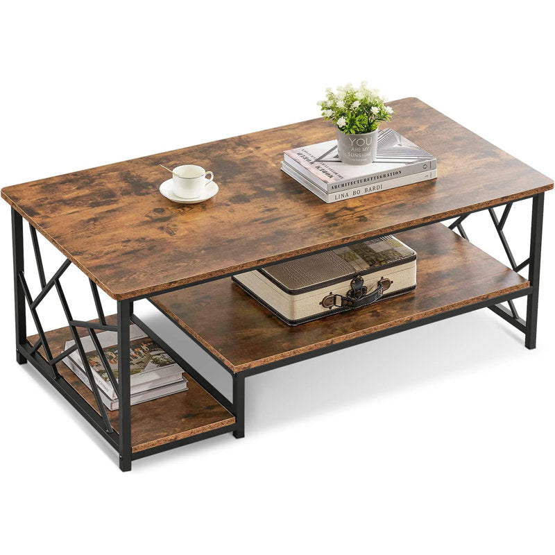 2 tier Rectangle shape brown marble sheet black iron frame new and modern design center with Storage table for living room