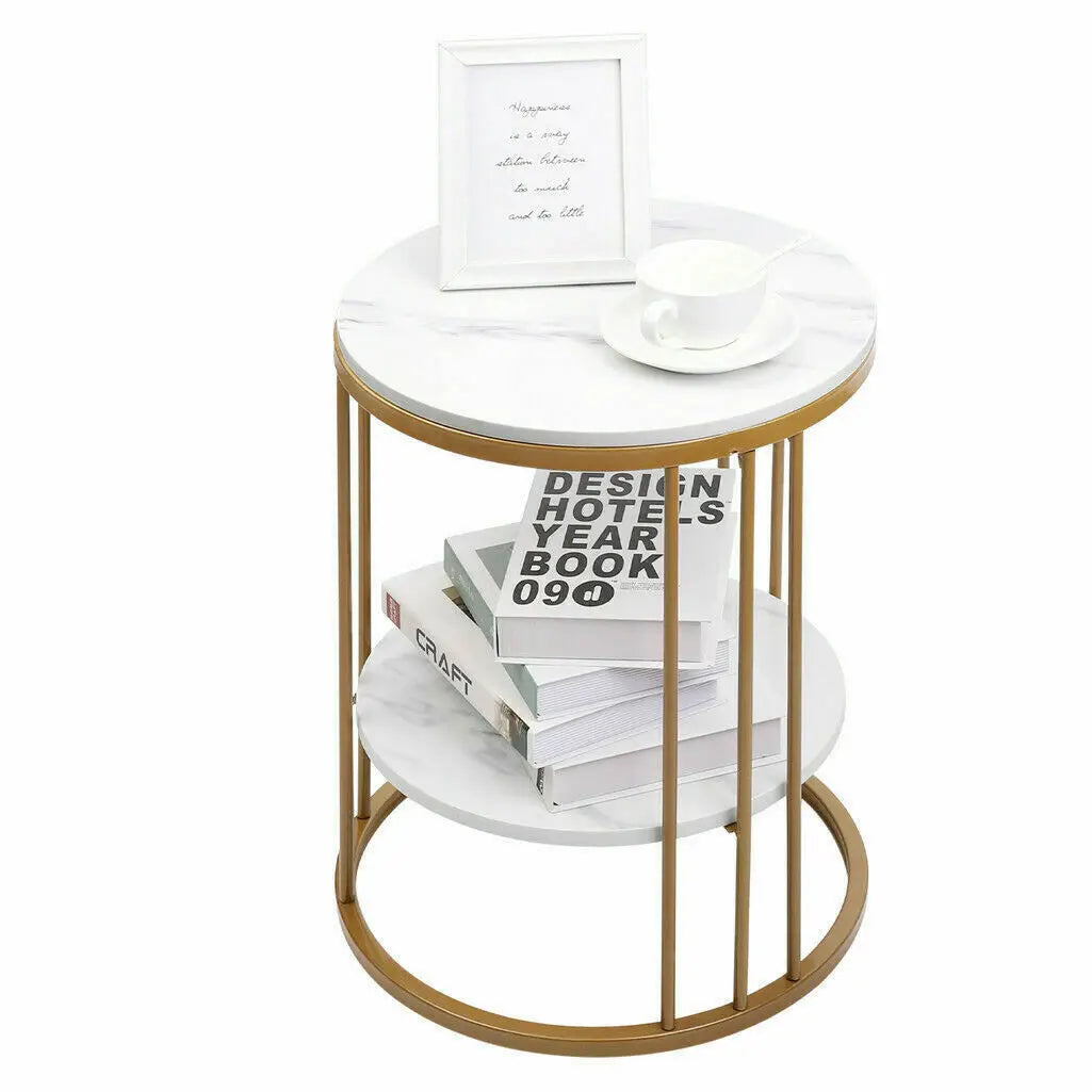 2-Tier Round White Sintered Stone End Table - Sofa Side Table