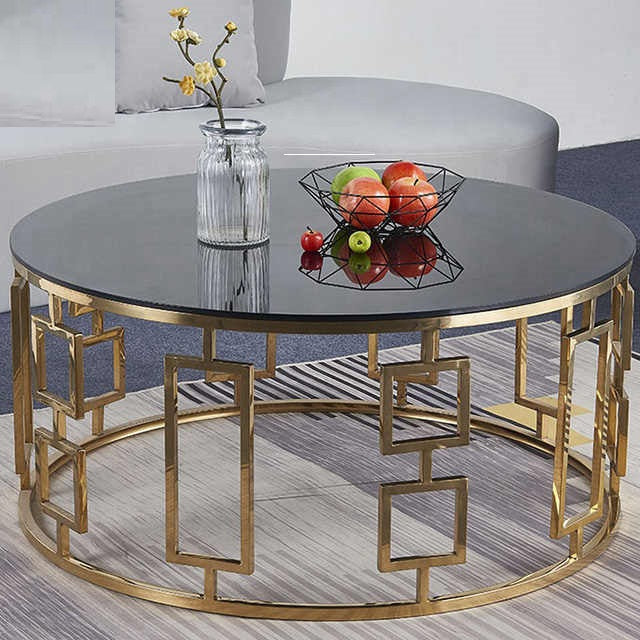 Round unique center table gold frame with powder coated paint white and black wooden marble texture sheet top for living room