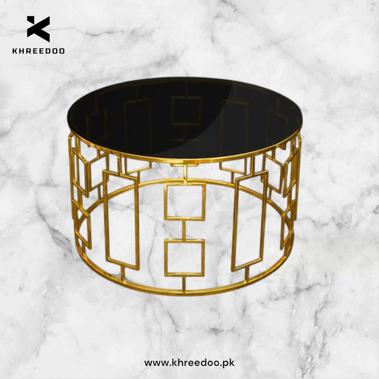 Round unique center table gold frame with powder coated paint white and black wooden marble texture sheet top for living room