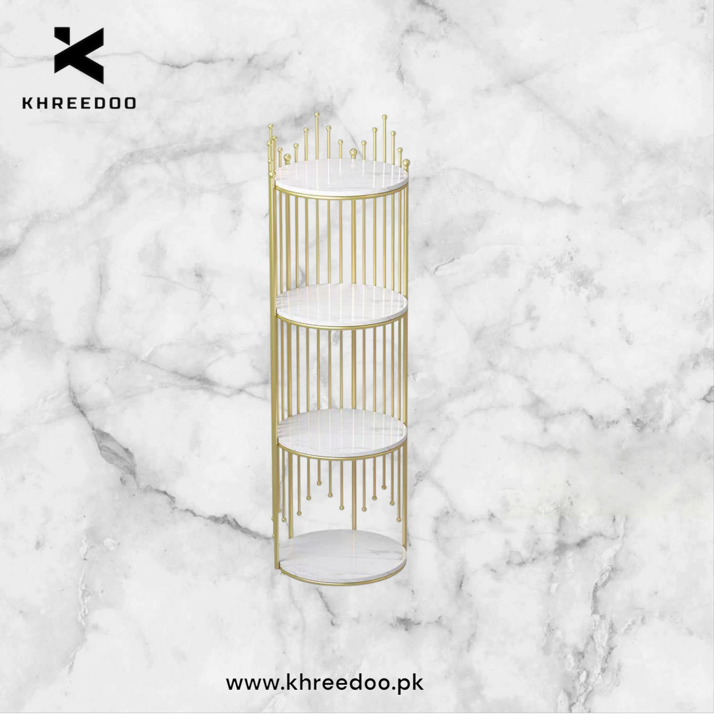 Royal Crown-Inspired Four and Three-Tier Gold Display Rack with Marble Texture Finish Shelves – Modern Luxury Organizer Stand for Salons, Boutiques, and Home Decor