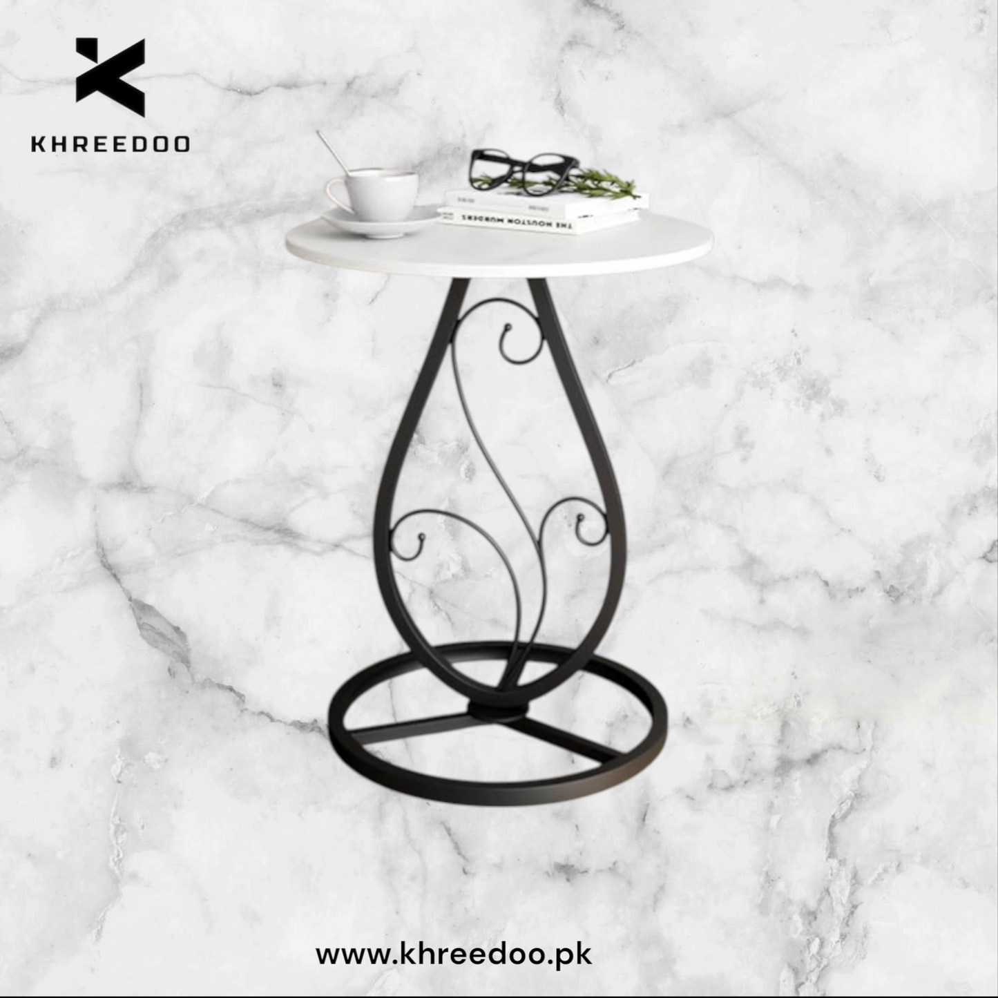 Elegance Side Table – Round White Top with Artistic Black Curved Metal Base. Perfect for Living Rooms, Bedrooms, or Lounges.