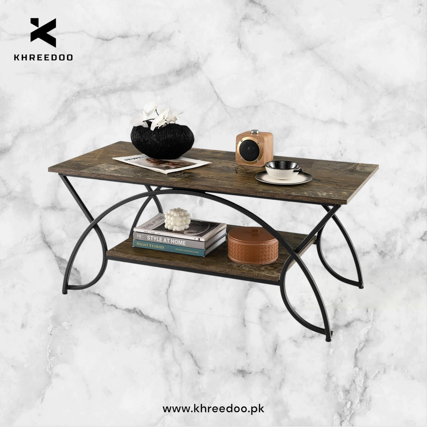 2-Tier Marble Coffee Table - Modern Metal Frame