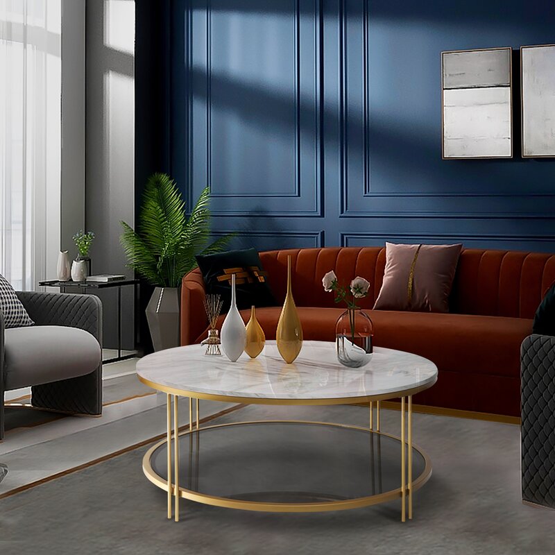 Gold round center table with marble design gold frame + double sheet decent color for living room