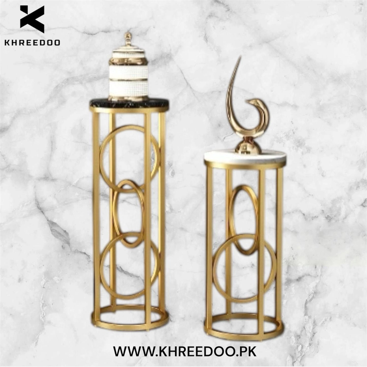 2 Pieces HandiCrafts Round Marble Bedside Table