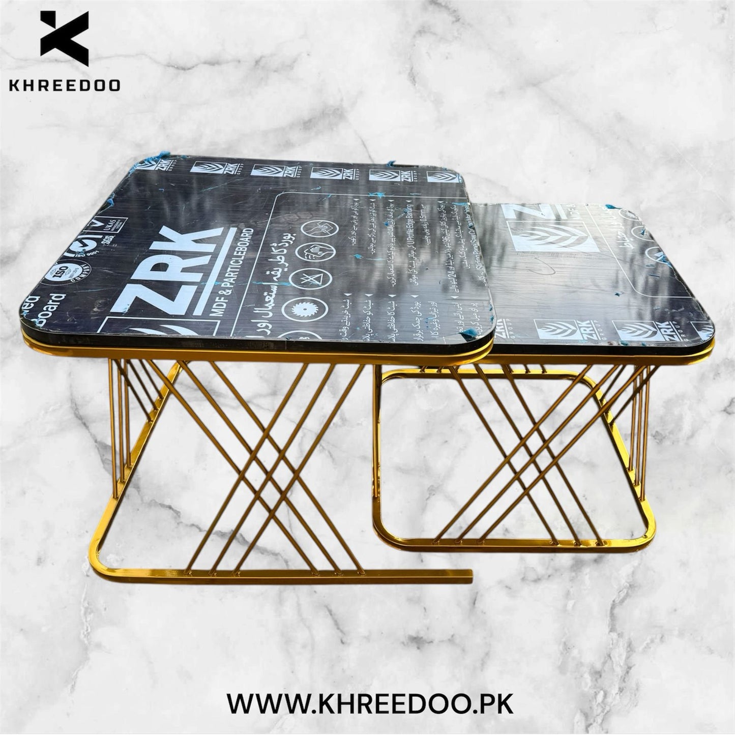 Modern Nest of 2 Square Coffee Table with Gold Metal Frame Legs and Marble Pattern Black Top for Living Room Home