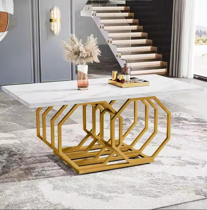 Rectangle Kitchen Table Modern Large Dinner Table with Marble texture Table top and Golden frame (Dining table only)