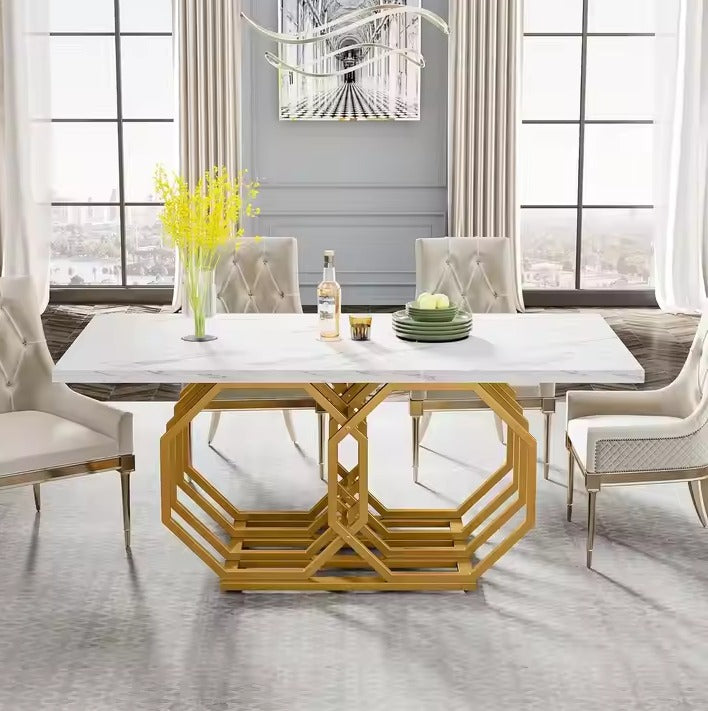 Rectangle Kitchen Table Modern Large Dinner Table with Marble texture Table top and Golden frame (Dining table only)