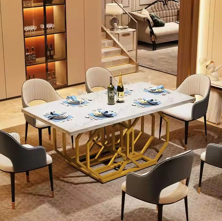 Rectangle Kitchen Table Modern Large Dinner Table with Marble texture Table top and Golden frame (Dining table only)