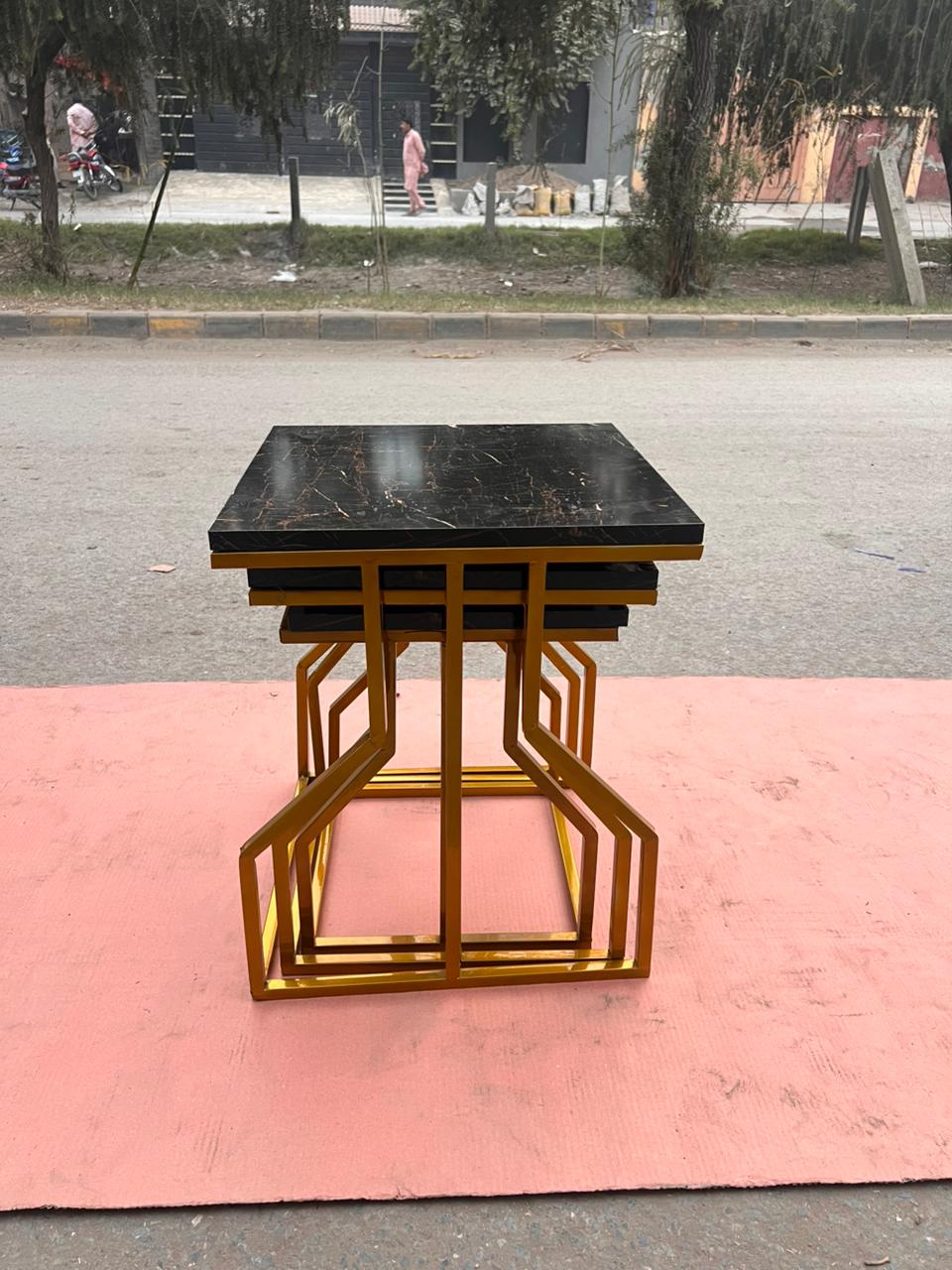 Contemporary Golden Metal Frame Nesting Tables with High-Quality Marble Texture Tops Premium Interior Styling