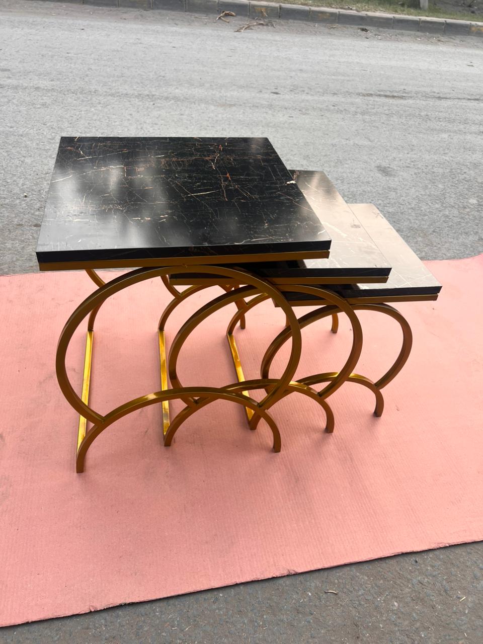Luxury Nesting Table Set - Gold Metal Base with Marble Texture Tops