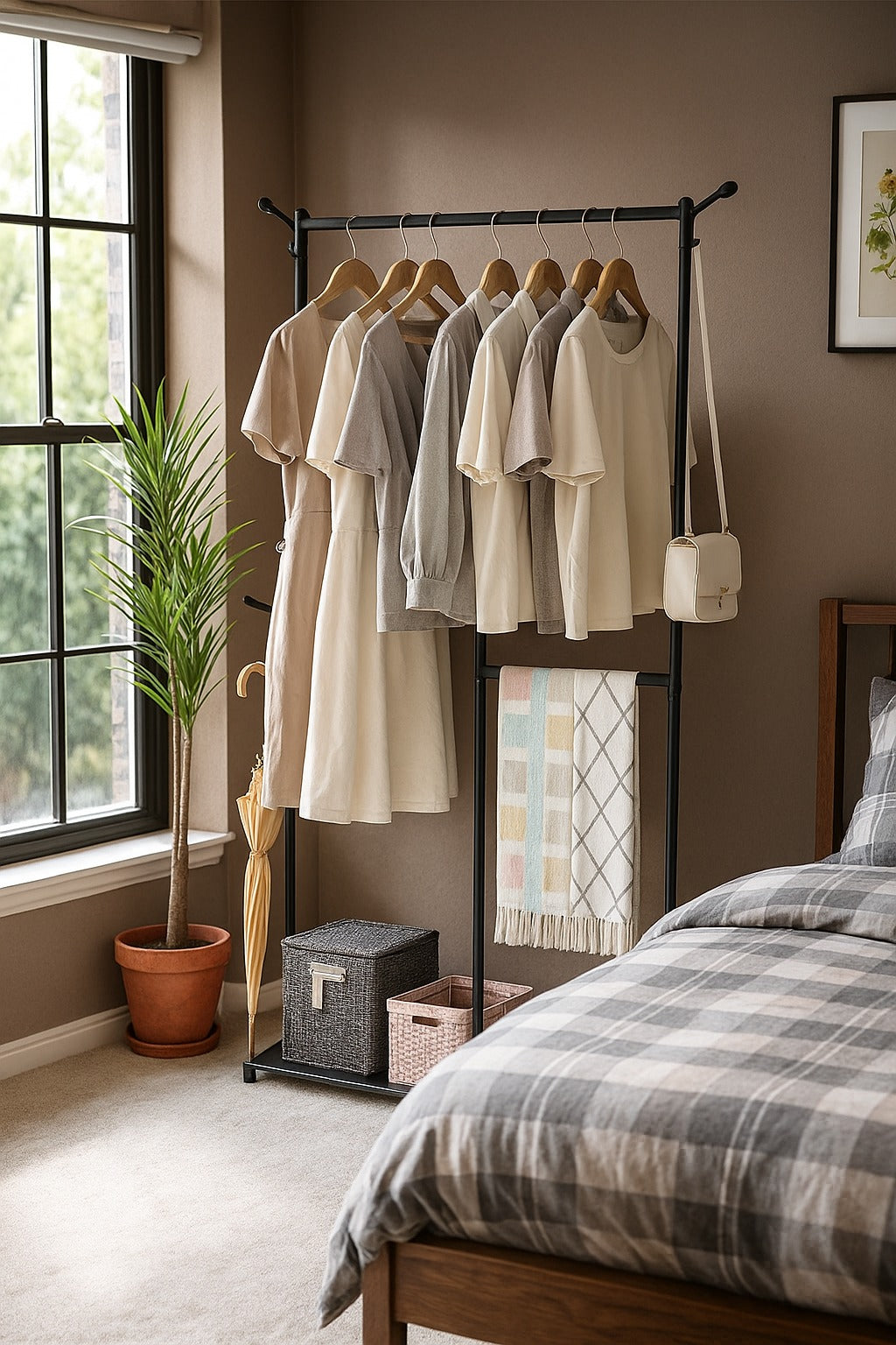 Multi-Functional Clothes & Hat Rack Stand with Hooks for Bags, Scarves, Umbrellas – Home Storage Organizer with Box Shelf – Space Saving Design