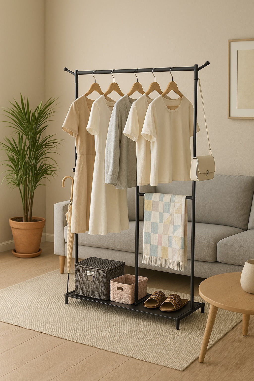 Multi-Functional Clothes & Hat Rack Stand with Hooks for Bags, Scarves, Umbrellas – Home Storage Organizer with Box Shelf – Space Saving Design