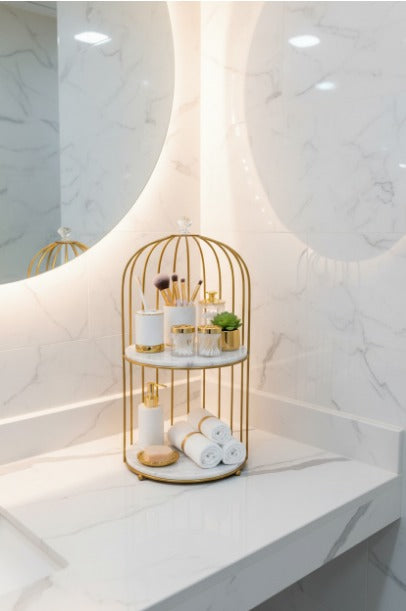 Gold Birdcage two tier Shelf Organizer with White Marble Shelves