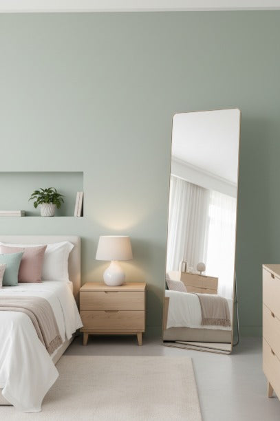 Modern bedroom with a bed, nightstand, and floor mirror.