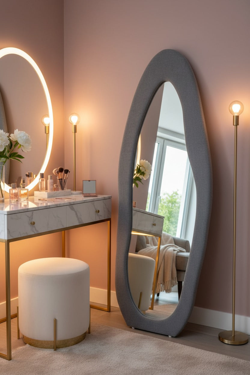 Asymmetric Oval Standing Mirror – Bouclé fabric Upholstered Frame