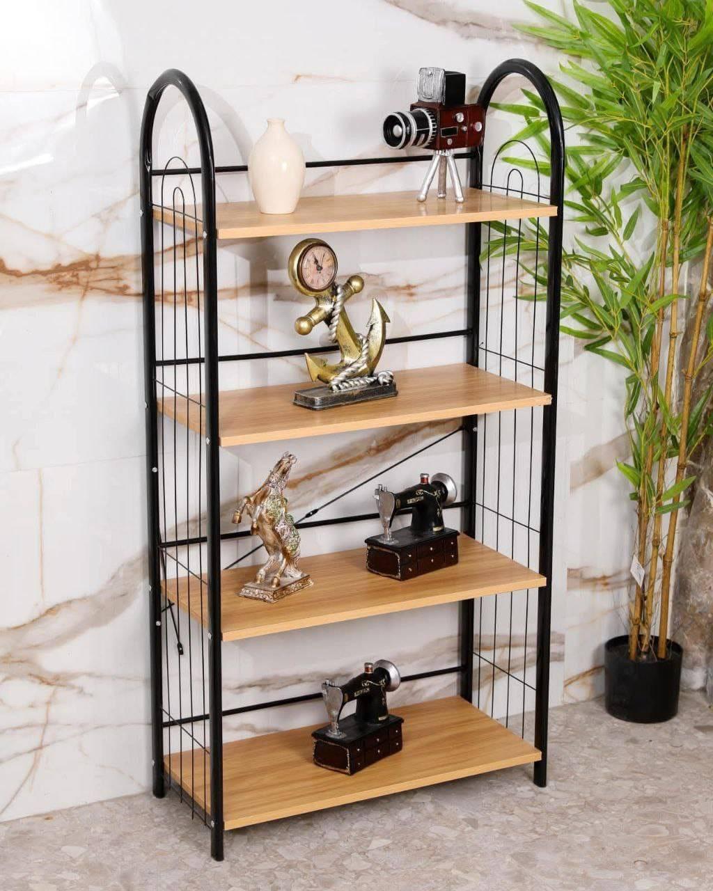 4-Tier Metal Book Rack with Wooden Shelves | Modern Bookshelf & Decorative Storage Stand for Home, Office, Bedroom and Living Room
