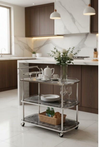 Kitchen island with a serving cart, flowers, and kitchenware in a modern kitchen.