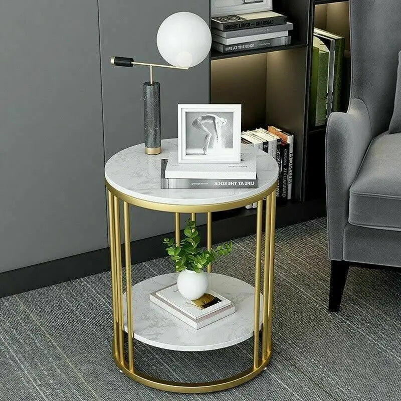 2-Tier Round White Sintered Stone End Table - Sofa Side Table